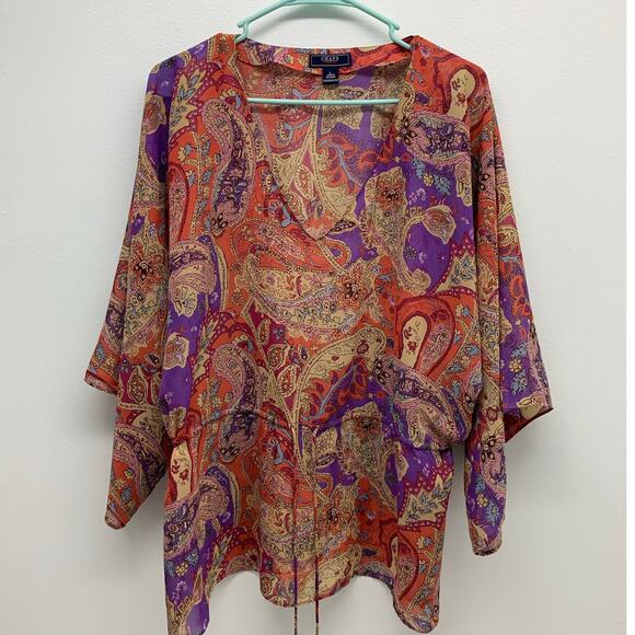 Chaps Denim Blouse Womens L Drawstring Colorful Paisley V Neck 3/4 Sleeve Sheer - Picture 1 of 9